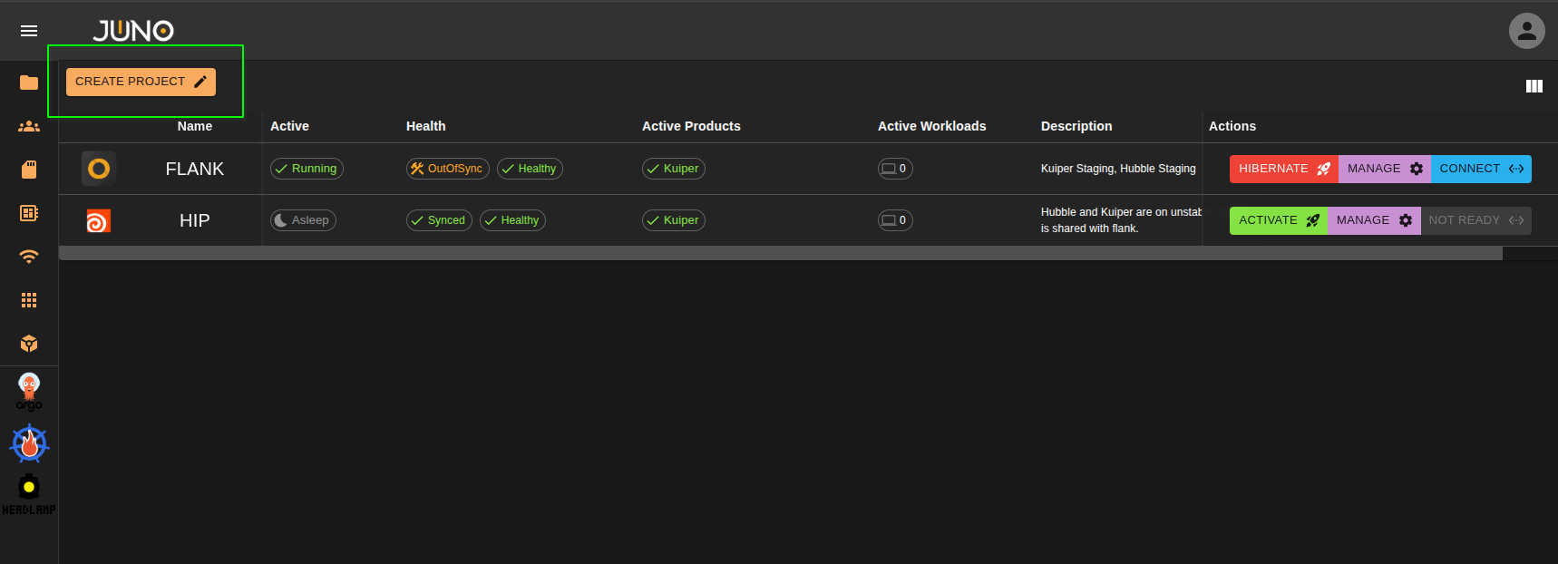 project create button