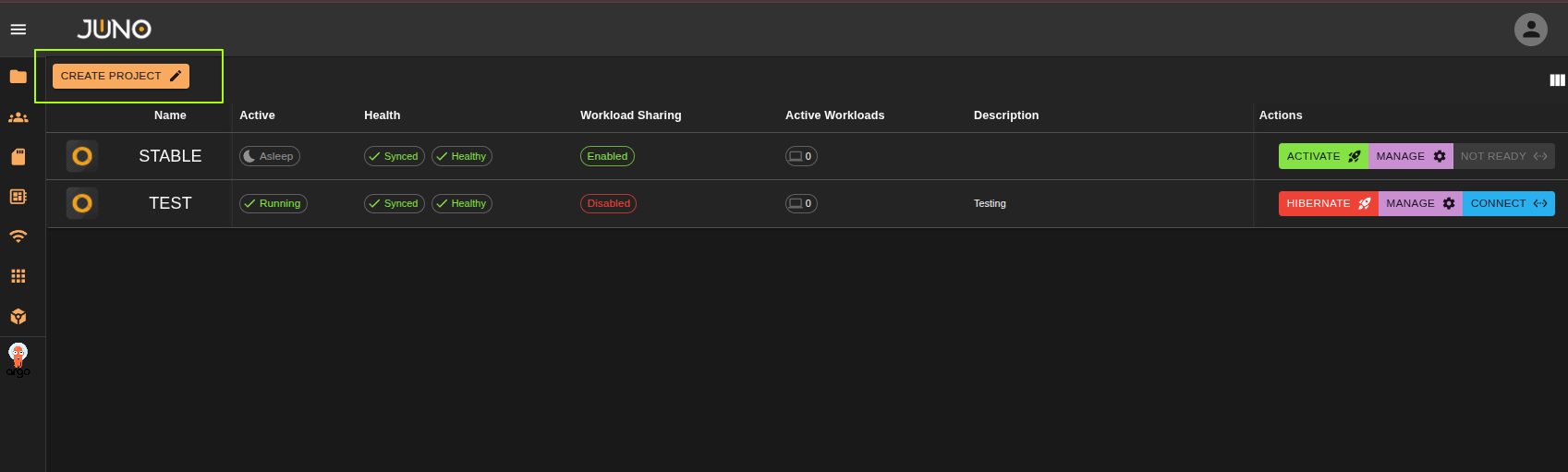 project create button