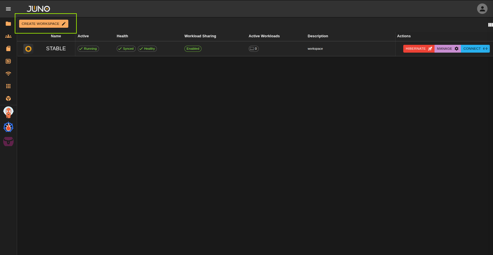 workspace create button